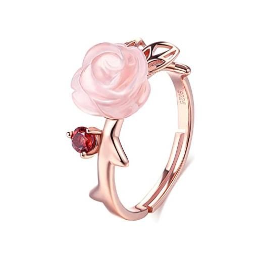 WSDSX anello in quarzo rosa con pietra preziosa naturale fiore rosa 925 gioielli in argento sterling placcato oro regolabile per regalo donna