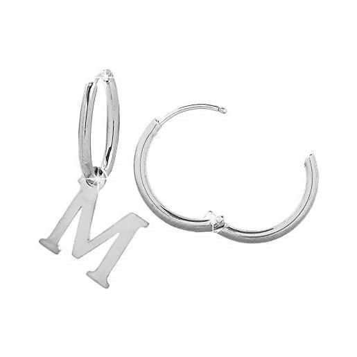 Beloved orecchini da donna a cerchio in acciaio - uno con iniziale e uno a cerchietto semplice - per lobi forati - chiusura a scatto (silver lettera m)