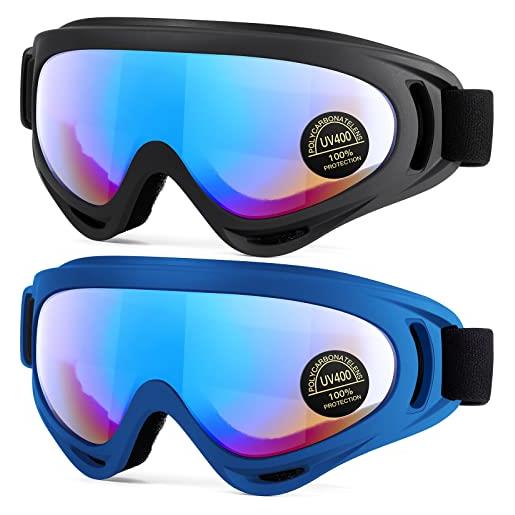 EasYoung confezione da 2 occhiali da sci, occhiali da snowboard compatibili per bambini, ragazzi, ragazzi, ragazzi, ragazze, uomini e donne, occhiali da moto, occhiali resistenti al vento