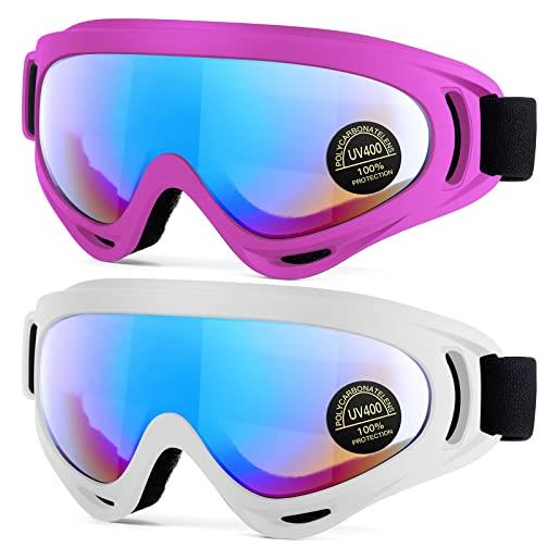 EasYoung confezione da 2 occhiali da sci, occhiali da snowboard compatibili per bambini, adolescenti, ragazzi, ragazze, uomini e donne, occhiali da moto, occhiali resistenti al vento