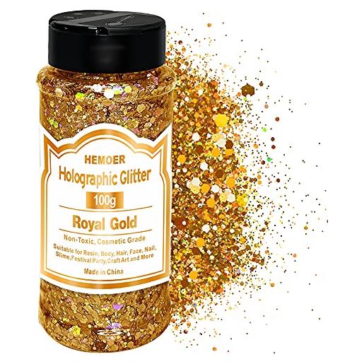 HEMOER paillettes olografiche glitter grosso, royal gold 100g olografiche chunky paillettes glitter unghie per viso, corpo, occhi, capelli, unghie, glitter per hobby creativi