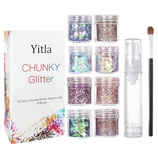Yitla glitter cosmetico glitterato per viso, per corpo, guance e capelli, trucco di bellezza per feste e feste, include gel di fissaggio a lunga durata e pennello. 