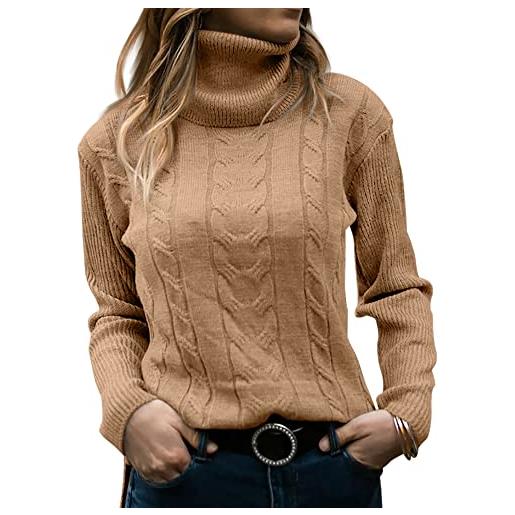 GeGekoko maglione da donna a collo alto, elegante, a maniche lunghe, casual, morbido, marrone, l