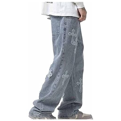 Yokbeer jeans da uomo y2k streetwear fashion baggy straight fit jeans a gamba larga, pantaloni cargo a vita alta con croci stampate (color: blue, size: xl)