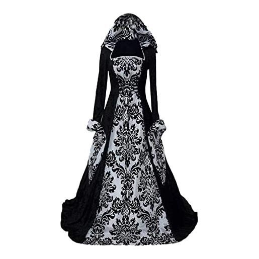 Generic 2023 nuovo - donna cena medievale con cappuccio swing dress stampa retro art manica lunga cravatta vita camicia medievale donna, nero , l