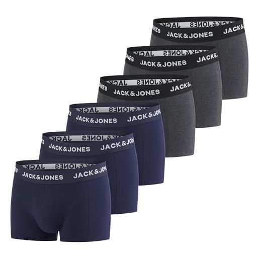 JACK & JONES set di 6 boxer da uomo, basic trunk, boxer elasticizzati, biancheria intima, in cotone, nero, rosso, verde, blu, grigio, s, m, l, xl, xxl, 3xl, confezione da 2, l