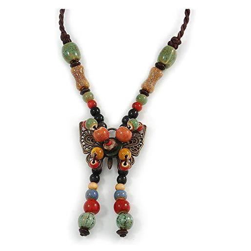 Avalaya collana lunga con ciondolo a forma di farfalla in ceramica multicolore, con cordoncino di seta marrone, 76 cm, 7 cm, nappa, misura unica, ceramica corde