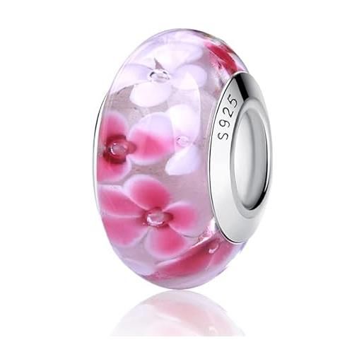 Nbsameng charm glitter in vetro di murano, ciondolo per braccialetti e catenine per donna, ciondoli in argento 925% , rosa chiaro