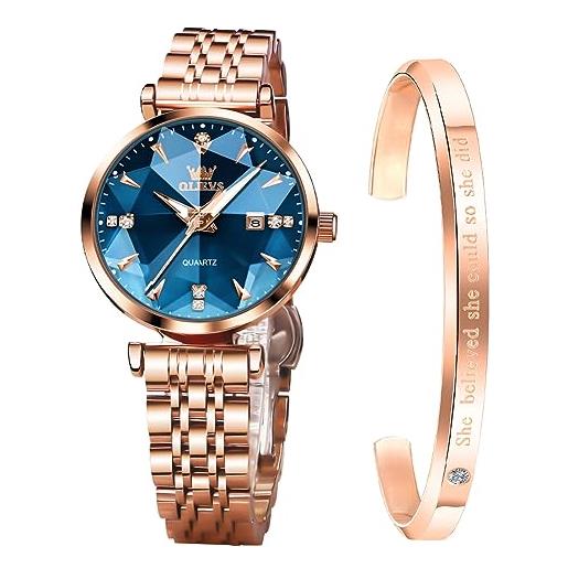 OLEVS orologi da donna vestito diamante moda lusso signore orologi da polso elegante calendario impermeabile luminoso orologio analogico al quarzo, blu