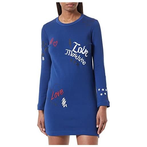 Love Moschino vestibilità regolare a maniche lunghe con stampe e ricami con amore e sketches dress, blu, 44 donna