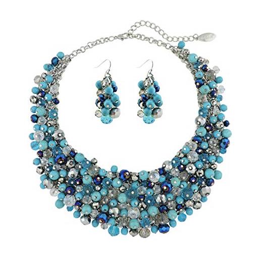 Bocar - set di collana voluminosa e orecchini con strass, alla moda, da donna, vetro, strass (nk-10260-turquoise blue)
