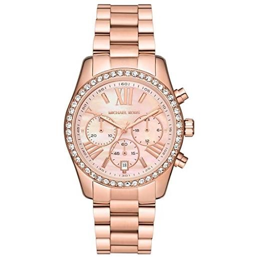 Michael Kors orologio lexington donna, movimento cronografo, cassa in acciaio inossidabile oro rosa da 38 mm con bracciale in acciaio inossidabile, mk7242, oro rosa e rosa chiaro