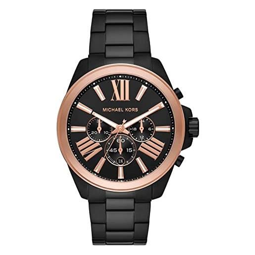 Michael Kors orologio wren da uomo, movimento cronografo, cassa in acciaio inossidabile nero da 44 mm con bracciale in acciaio inossidabile, mk8933, nero e oro rosa