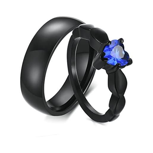 Gualiy anelli acciaio inossidabile coppia, anelli uomo e donna fidanzamento nero anello 6mm con blu cuore zirconia donna taglia 12 uomo taglia 22