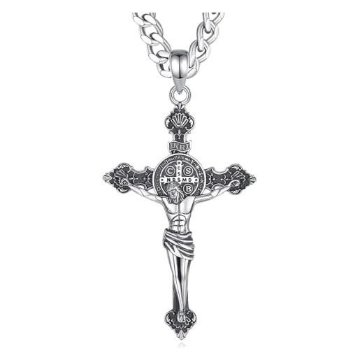 INFUSEU collana uomo, collana croce gesù crocifisso argento 925 ciondolo patrono croce di san benedetto fede cristiana gioielli religiosi amore divino amuleto regali per uomini donne