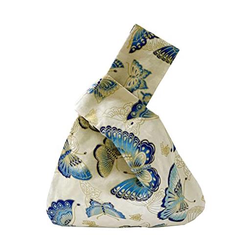 Generic squisita borsa da polso in cotone alla moda con motivo kimono giapponese, borsa da polso con nodo a portafoglio, borsa portatile da donna (farfalla blu), blu, m