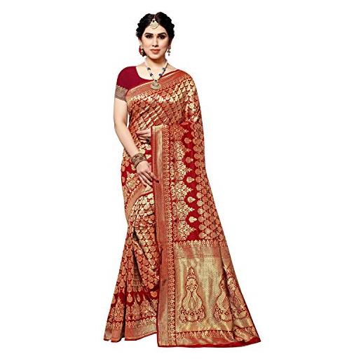 TreegoArt Fashion da donna kanjivaram jacquard silk saree con unstitchead blouse piece - (silk ghanti red)