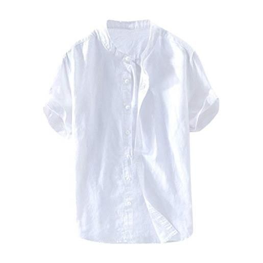 Xmiral camicetta uomo baggy cotone lino solido manica corta bottone retro magliette top ( 4xl, 1bianco )