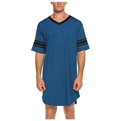 FeMereina mens camicia da notte accappatoi in cotone reglan maniche patchwork mezzo bottone lungo sciolto pigiama top blu m