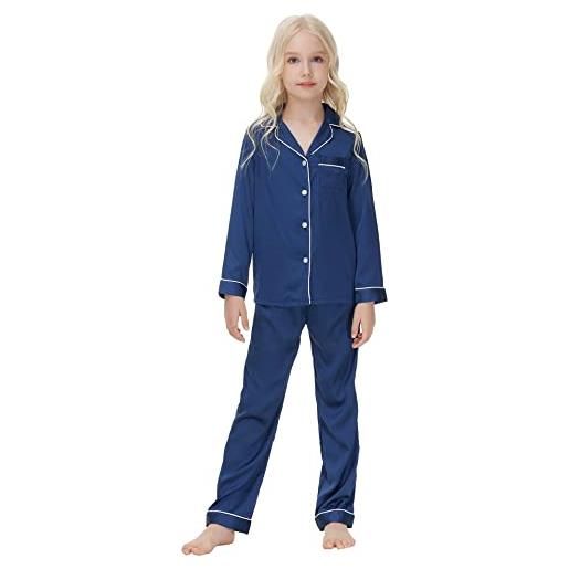 Verve Jelly pigiama da bambino in raso per bambini set pigiama a maniche lunghe con bottoni camicia a maniche lunghe pantaloni da notte pigiami da notte per bambina blu navy 130 7-8 anni