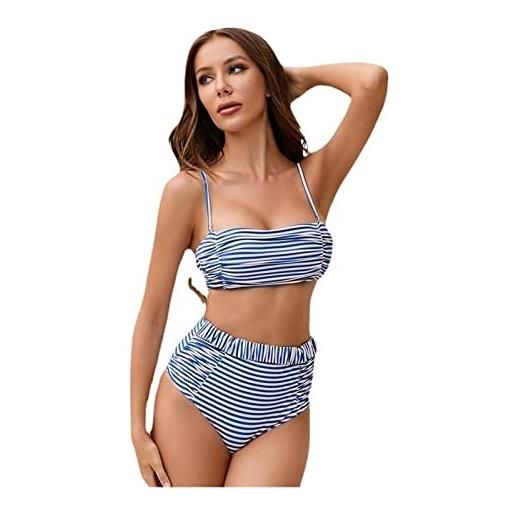 UOXOO costume da bagno a due pezzi arricciato a vita alta con bikini a canotta senza schienale sexy a righe da donna (color: blue, size: xxl)
