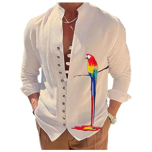 ENENEN camicia estiva da uomo con collo alto e abbottonato a manica lunga moda colorata con stampa pappagallo a manica lunga