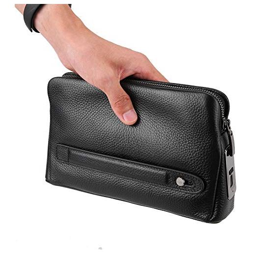 Mxzzand portafoglio da uomo portafoglio da uomo in pelle con cerniera portafoglio intelligente per impronte digitali pochette da uomo in pelle business nera