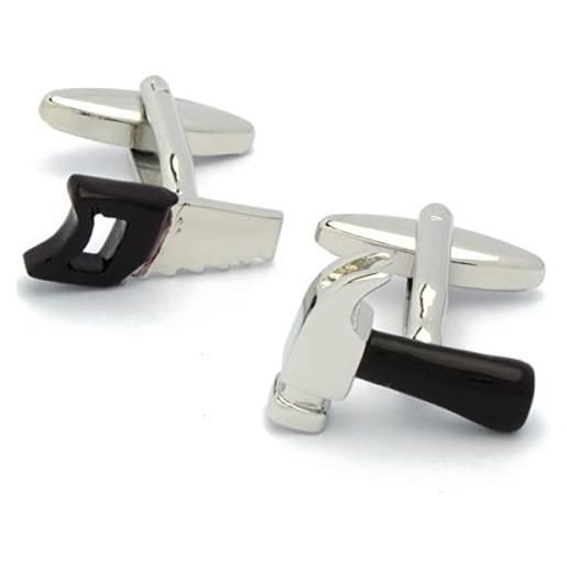 EdelManchet gemelli - sega e martello nero e argento - asimmetrico - 20mm x 16mm - strumenti gemelli, gemelli da costruzione