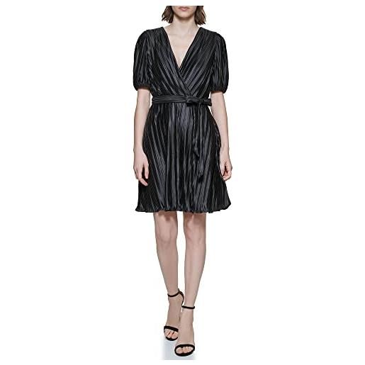 DKNY puff sleeve v-neck pleated dress vestiti, black, 4 da donna
