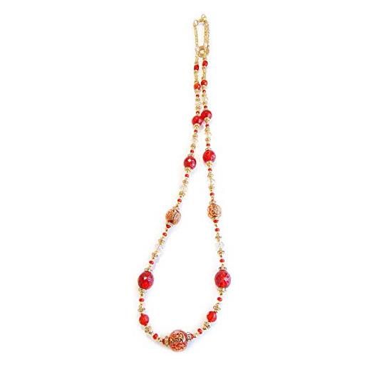 VENEZIA CLASSICA - collana da donna lunga 85cm con perle in vetro di murano originale, collezione diana, rosso con foglia in oro 24kt, made in italy certificato