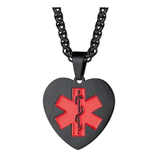 PROSTEEL emergenza medica stella di vita rossa collana pendente personalizzata informazione medica nome ice numero, catena regolabile, acciaio inossidabile, nero - incisione gratis