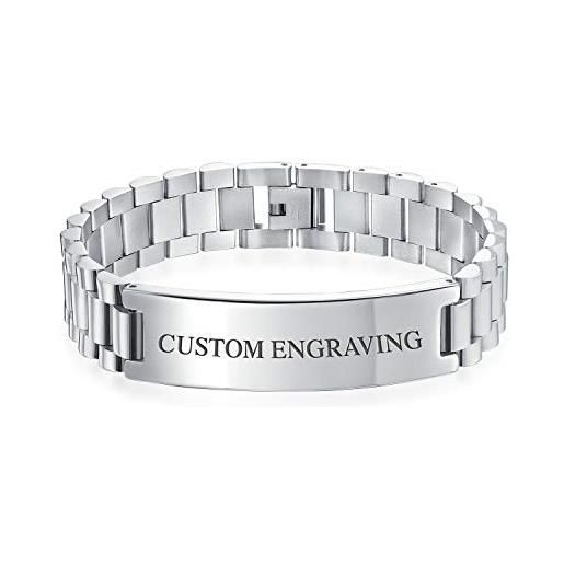 Bling Jewelry braccialetto personalizzato con placca identificativa regolabile curb watchband id per uomo, nome personalizzato, tonalità argento in acciaio inossidabile, lunghezza 8 pollici