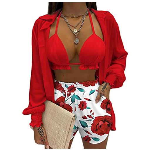 ORANDESIGNE tuta da donna a tre pezzi floreale pantaloncini stampati set shirt maniche lunghe + top a tubo spiaggia outfits b rosso m