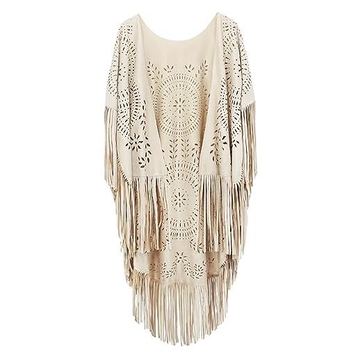 FEOYA scialle in pelle scamosciata con frange da donna poncho aperto retrò mantella elegante cardigan stole morbido copricostume da spiaggia taglia unica (01)