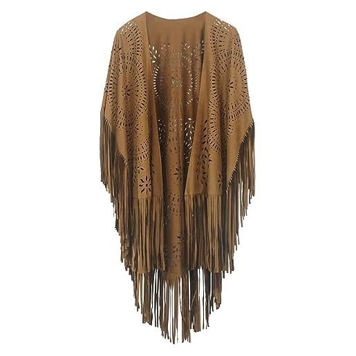 FEOYA scialle in pelle scamosciata con frange da donna poncho aperto retrò mantella elegante cardigan stole morbido copricostume da spiaggia taglia unica (01)