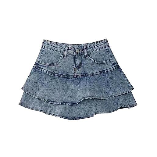 NOGRAX gonna jeans ruffle mini gonna denim donne summer vintage cute high waist patchwork a-line short jeans skirt-blue, m