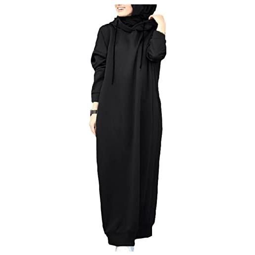 Chahuer abito da donna musulmano autunno inverno nuovo colore solido a sezione lunga abito con cappuccio in pile arabo mediorientale dubai nero xl