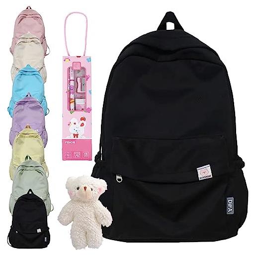 DINNIWIKL difa backpack, difa canvas backpack, difa bear backpack, cute aesthetic backpack - back to school (black)