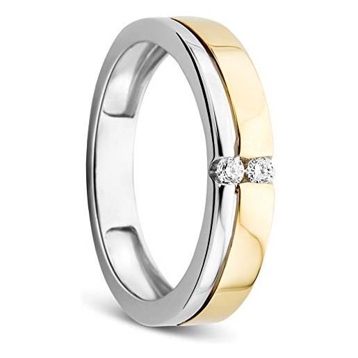 Orovi anello donna bicolore, oro giallo e bianco con diamanti naturali di ct. 0.06, oro 14 kt 585. Fede due ori con brillanti. Anello di fidanzameno