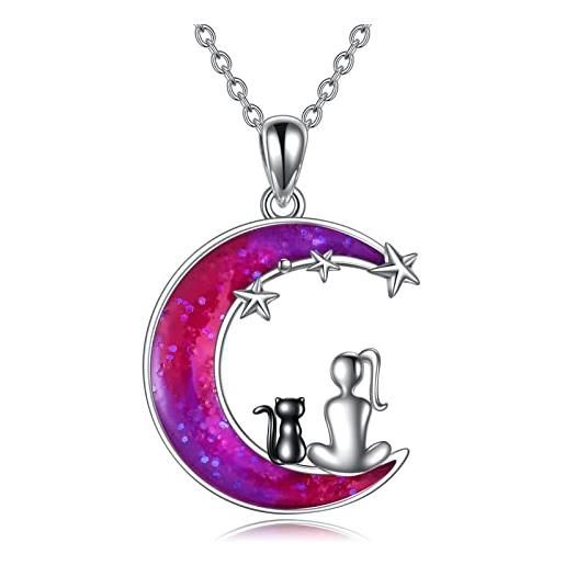 YFN collana a forma di gatto in argento sterling con ciondolo a forma di luna per donne, argento sterling, nessuna pietra preziosa