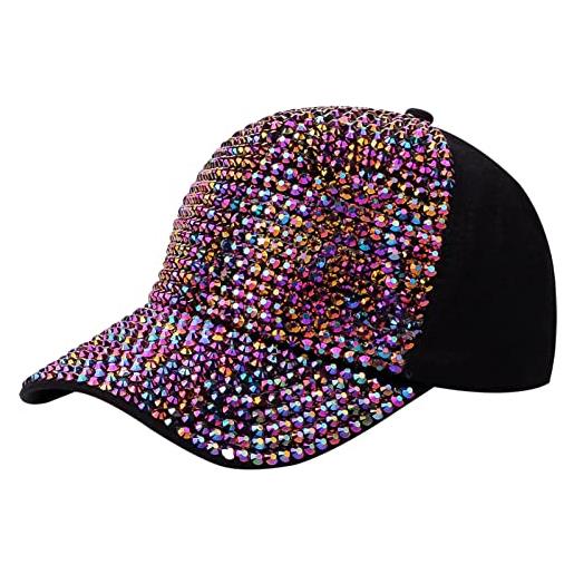 FEOYA cappellino da baseball da donna, con borchie di strass, regolabile, shiny bling casual, sportivo, traspirante, schwarz, taglia unica