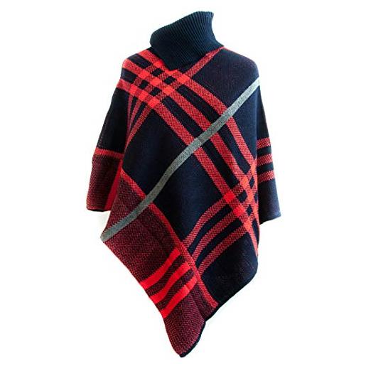 Missmister® maglione da donna invernale con collo alto a polo lavorato a maglia scozzese a quadri, poncho a scacchi, blu navy/rosso. , etichettalia unica