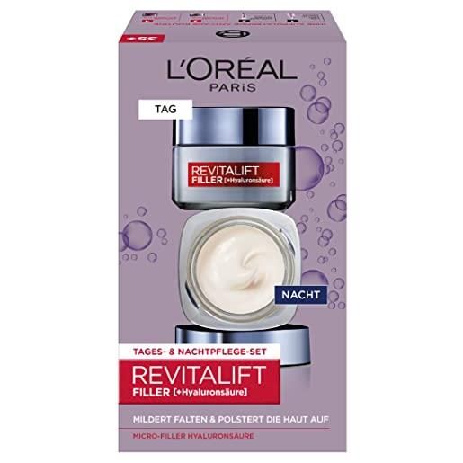 L'Oréal Paris set per la cura del viso, anti-invecchiamento ialuronico, cura diurna e notte contro le rughe, con acido ialuronico micro filler, revitalift filler, 2 x 50 ml