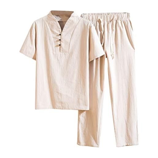 ORANDESIGNE tute di lino da uomo estate tinta unita t-shirt a maniche corte + pantaloni con coulisse e bianco xxl