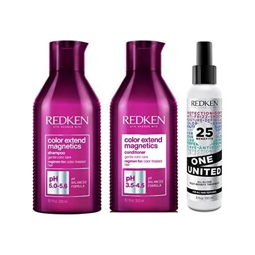 Redken | kit color extend magnetics shampoo 300 ml + balsamo 300 ml + one united 150 ml | routine per il colore brillante e luminoso più a lungo