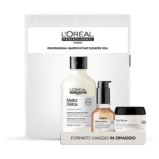 L'Oréal Professionnel Paris kit con omaggio shampoo 300ml + olio concentrato 50ml + maschera 75ml , per capelli danneggiati e colorati, serie expert metal detox