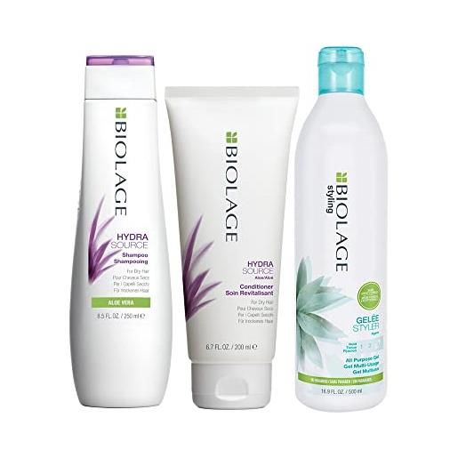 Biolage | kit shampoo hydrasource 250 ml + balsamo 200 ml + gel multiuso 500 ml | routine nutriente per capelli secchi e danneggiati
