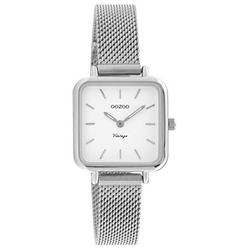 Oozoo orologio vintage da donna - orologio da polso da donna con cinturino in rete metallica da 12 mm - analogico da donna quadrato, bianco/argento, bracciale