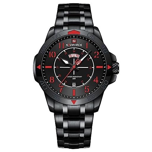 Naviforce orologio da lavoro da uomo dal design minimalista - orologio da polso impermeabile in acciaio inossidabile con calendario automatico giorno e data (black red)