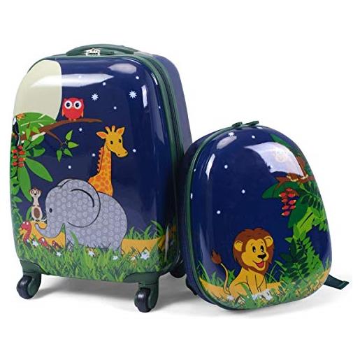 COSTWAY 2 pezzi valigia per bambini con maniglia retrattile + zaino bagaglio a mano, con ruote girevoli a 360 ° (giungla)